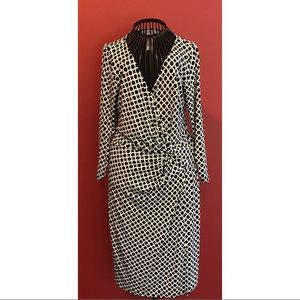 Black & white geometric “Laundry” faux wrap dress